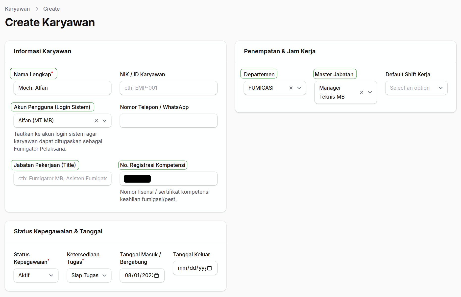 Formulir data karyawan