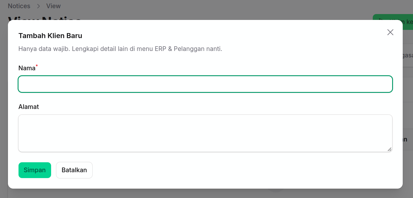 Modal tambah klien baru secara cepat