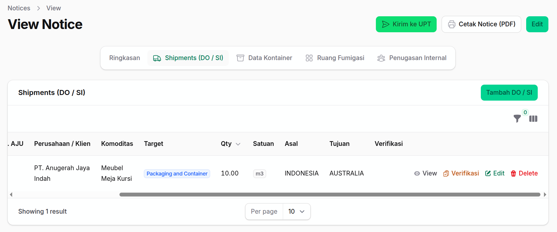 Aksi verifikasi pada tabel DO/SI