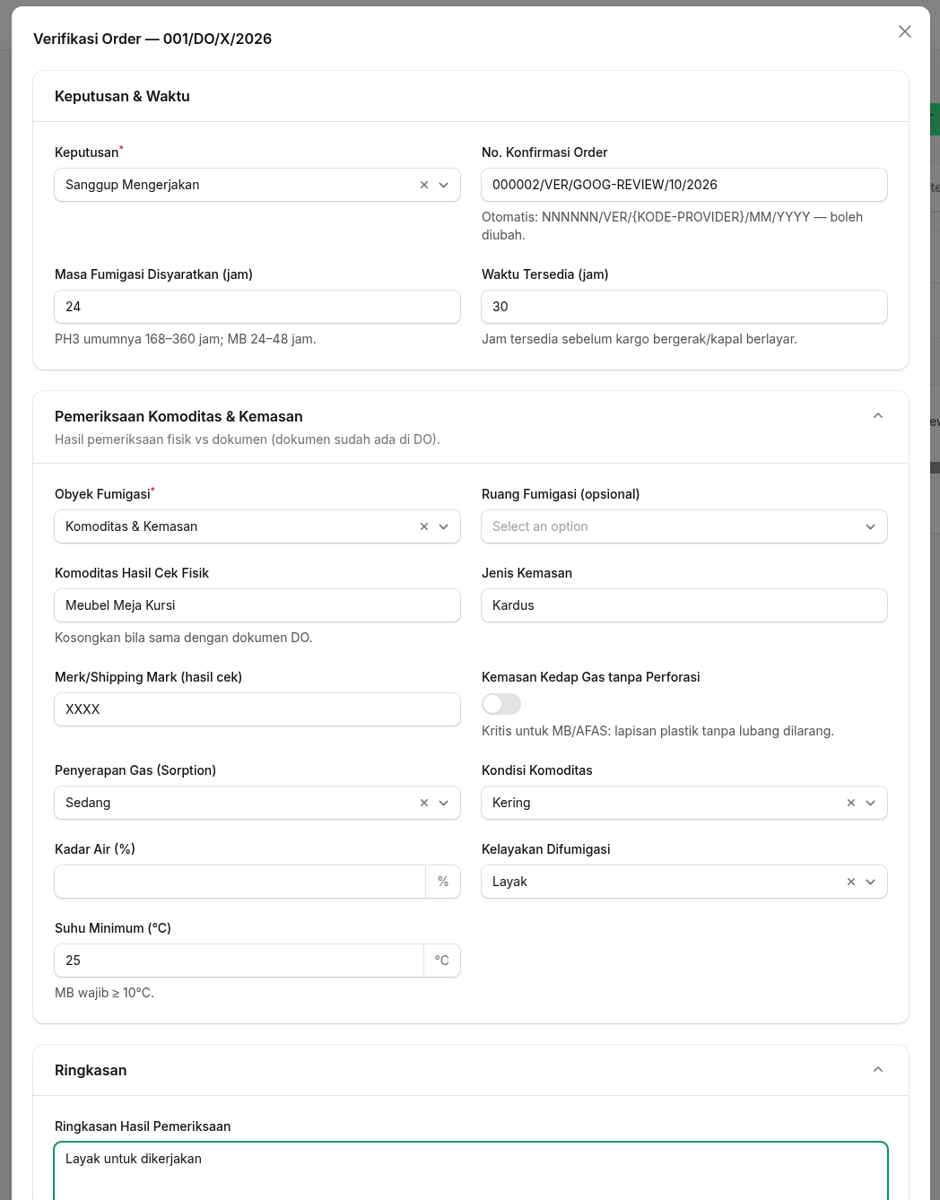 Formulir verifikasi order shipment