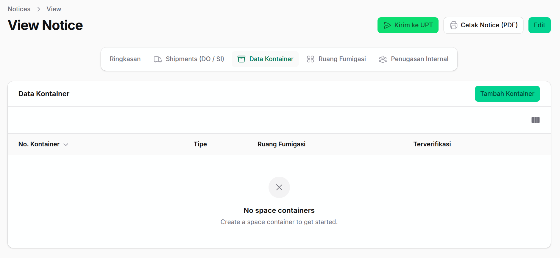 Tab kontainer dan tombol tambah kontainer