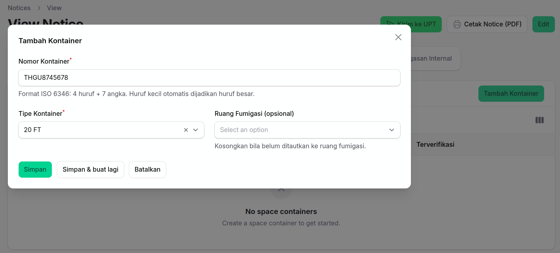 Formulir input data kontainer