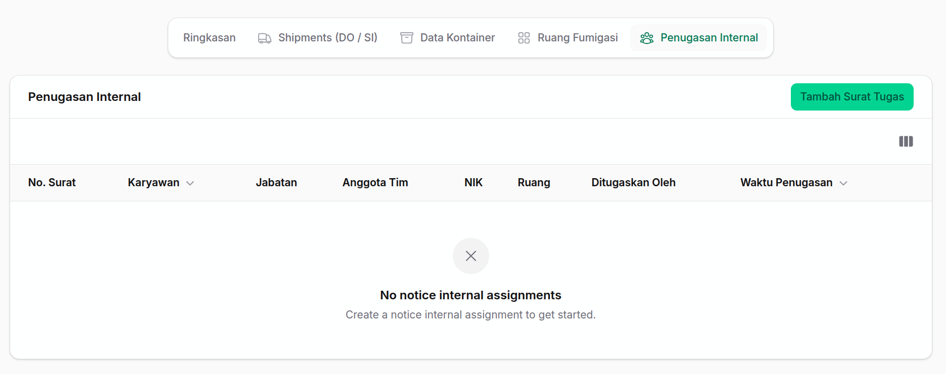 Tab penugasan internal dan tambah surat tugas
