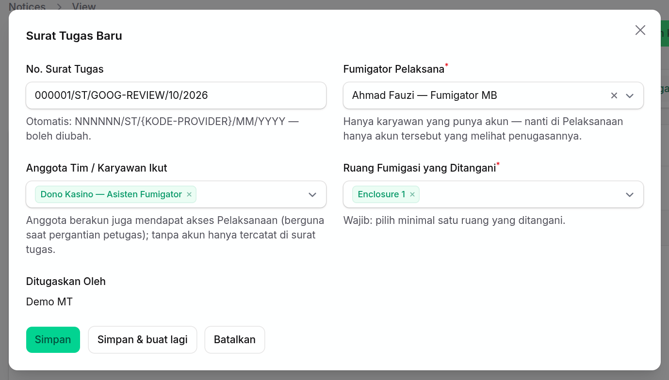 Form pembuatan surat penugasan tim