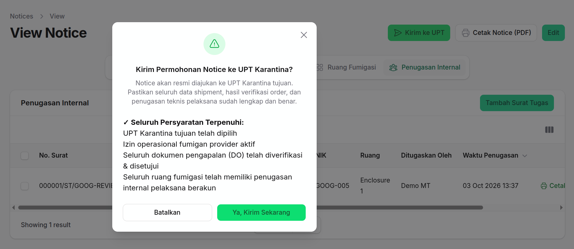Tombol kirim notice ke UPT
