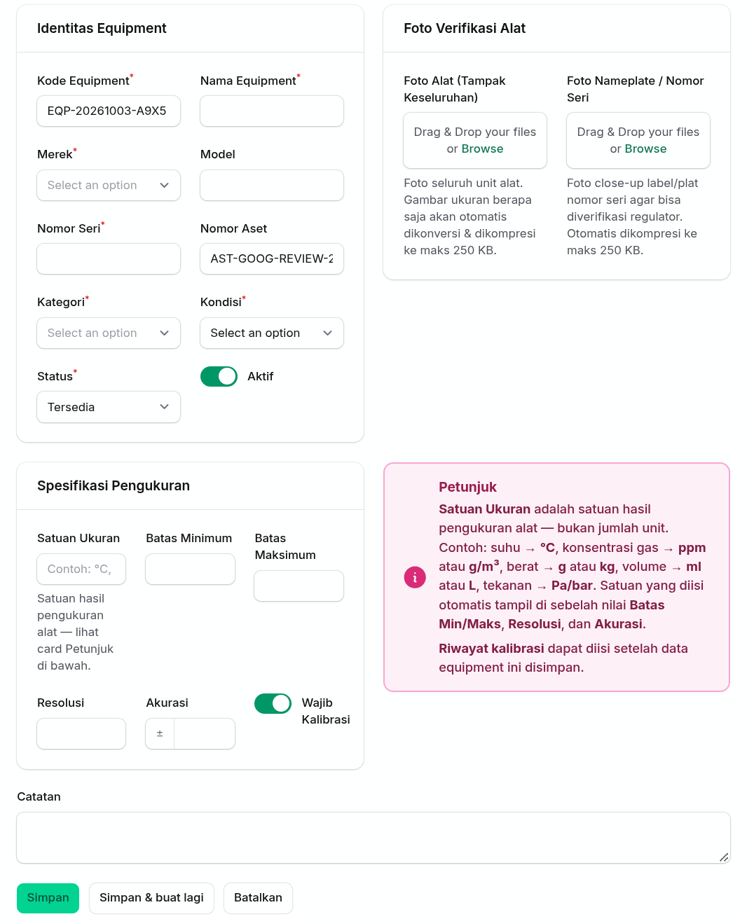 Form pembuatan data peralatan