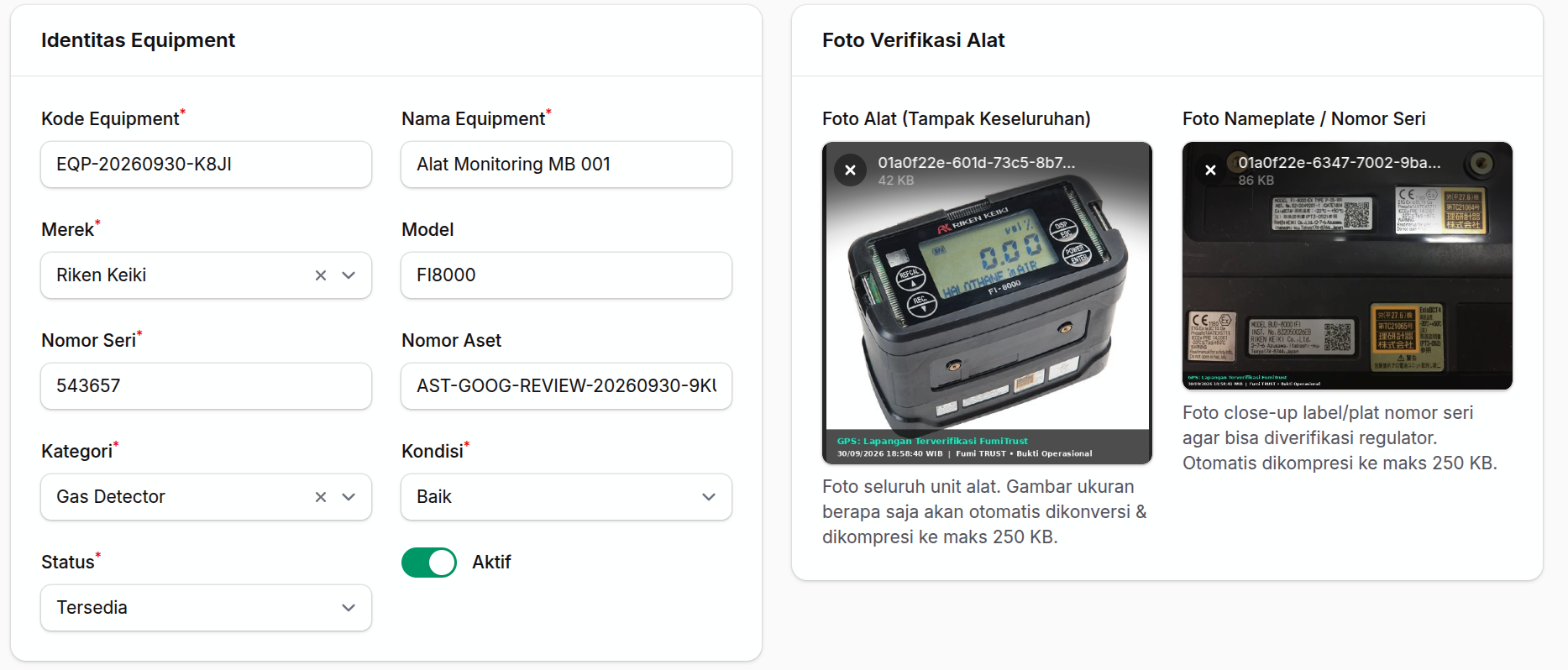 Contoh isian lengkap peralatan