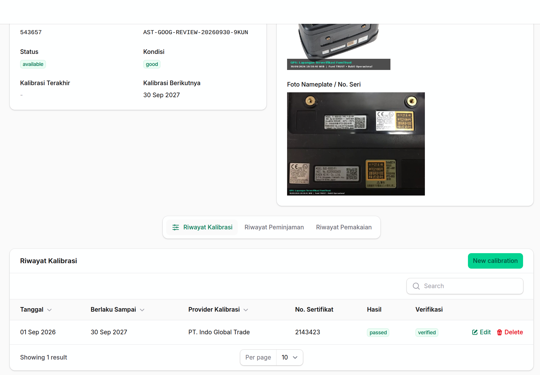 Tab Riwayat Kalibrasi dan New Calibration