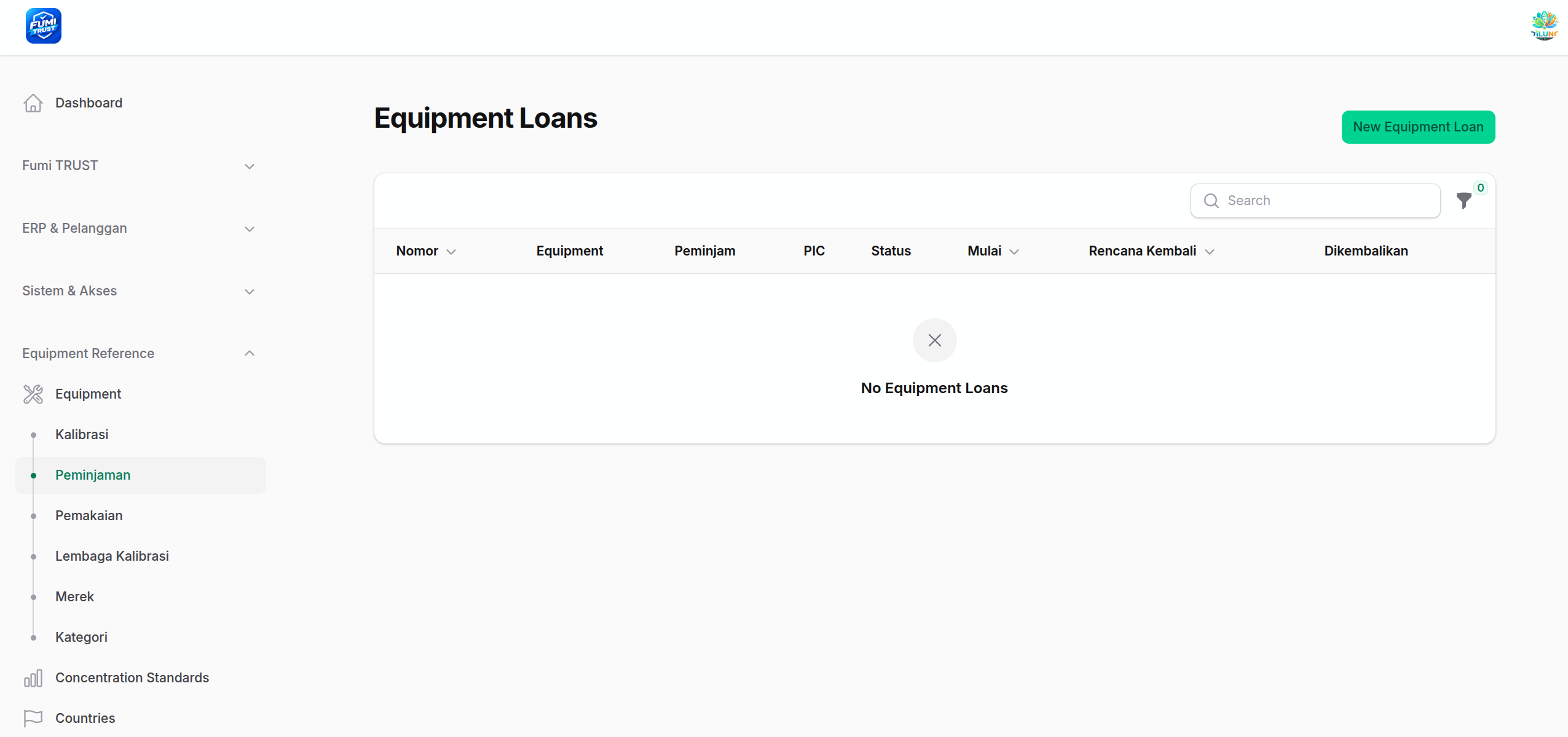 Menu Peminjaman dan New Equipment Loan